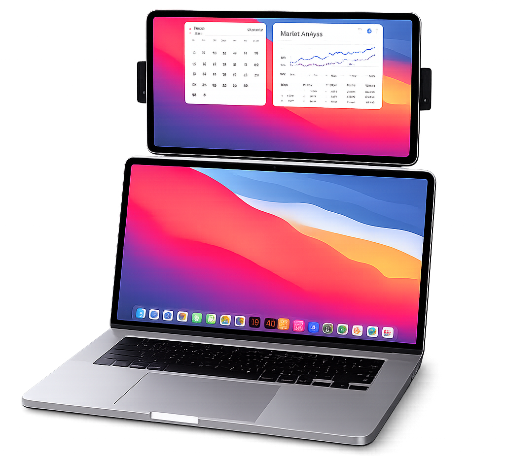 MacBook with clean desktop and iPad mounted behind the screen showing the Ace interview assistant UI